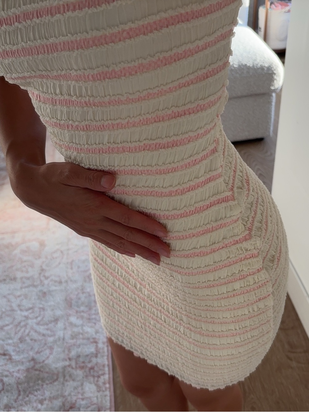 Pink Cream Striped Strapless Mini Dress Textured Bodycon Coastal Summer Y2K - Picture 3 of 3